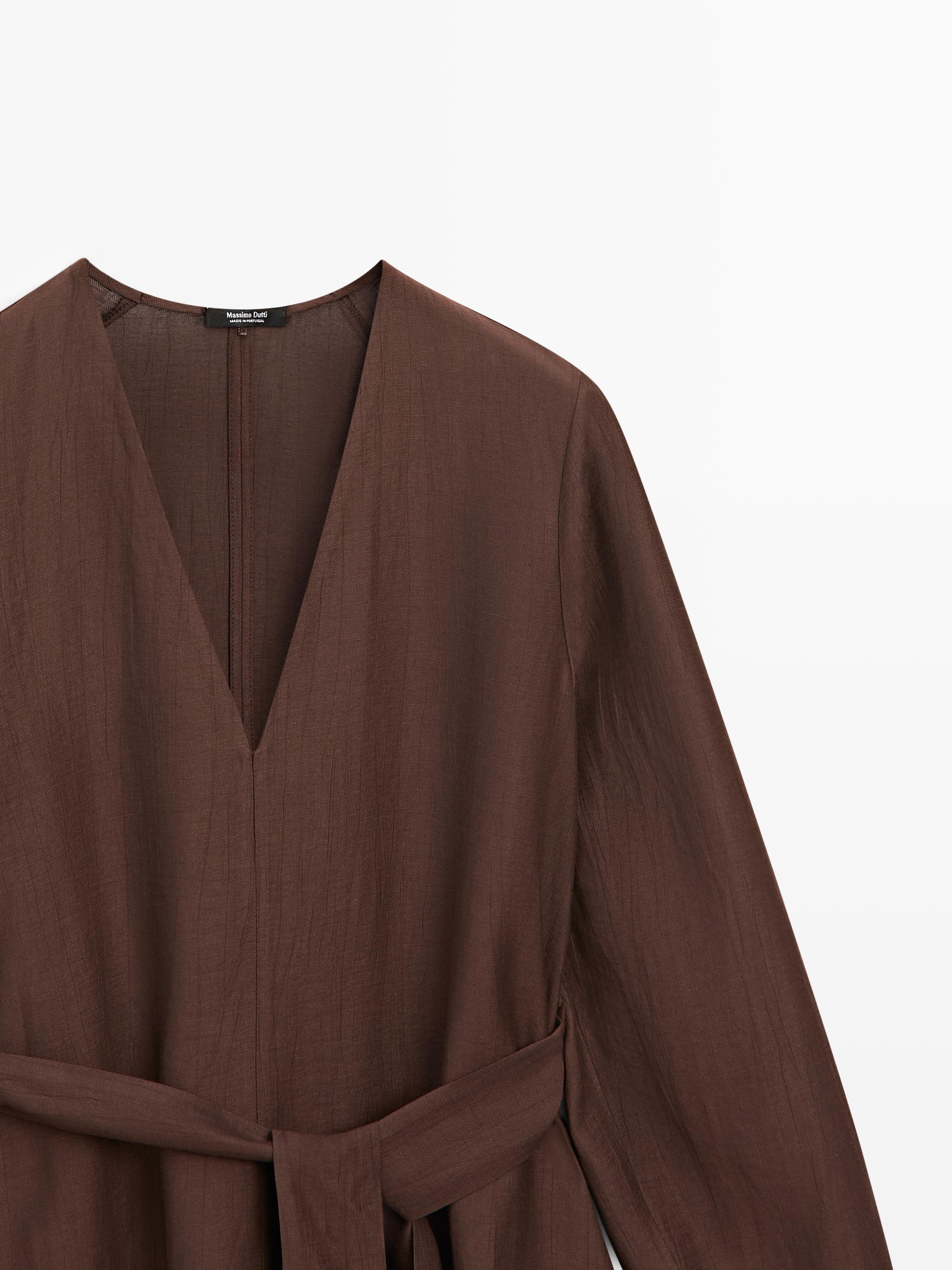 Flowing linen blend midi dress with belt